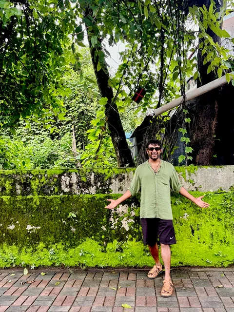 Arms open in front of a mossy green wall in the monsoon